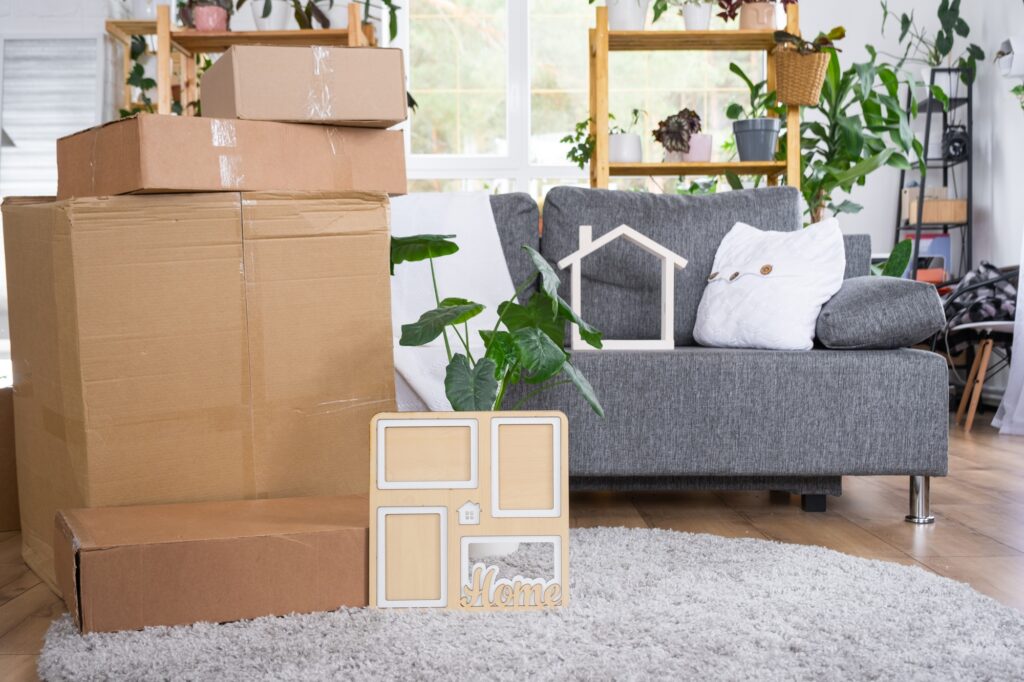 Boxes with things for moving and house plants are in the room of the new house. Housewarming, family Boxes with things for moving and house plants are in the room of the new house. Housewarming, family